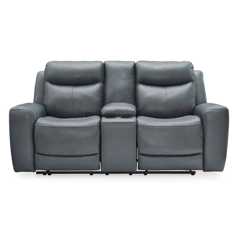 Signature Design by Ashley Mindanao Power Reclining Leather Match Loveseat with Console U5950418C IMAGE 3